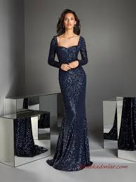 2020 Pronovias Uzun Abiye Elbise Modelleri Lacivert Balik Kalp Yakali Uzun Kollu Payetli Kiyafet Kombinleri Elbise Modelleri Elbise The Dress