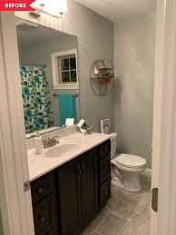 Before And After This Funky 100 Bathroom Redo Uses Paint In Cool Surprising Ways In 2020 Small Bathroom Redo Bathroom Redo Small Bathroom