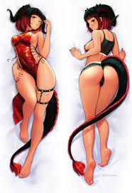 clickdraws, adc vr, character request, commentary, copyright request,  english commentary, highres, 1girl, ass, bare legs, bare shoulders,  barefoot, black bra, black hair, black nails, bow, bra, breasts, dakimakura  (medium), dorsiflexion, dragon horns, dragon ...
