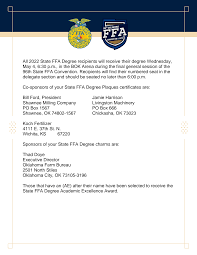 All 2022 State FFA Degree recipients will receive their degree Wednesday,  May 4, 6:30 p.m., in the BOK Arena during the final ge
