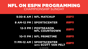 Get the latest nfl odds, point spreads, money lines and over/unders for popular sportsbooks and view sportsline's expert analysis of each upcoming game. Nfl Championship Sunday Espn Surrounds Afc And Nfc Conference Championships With Pre And Postgame Coverage Espn Press Room U S