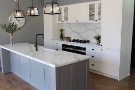 Hamptons Display Kitchen With Black Pendants And Glass Doors Black Shell Handles Black Kitchen Handles Trendy Kitchen Tile Black Kitchens