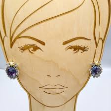 Glamorous Laurel Clip On Earrings, Silver Tone Wreath with Seed Pearl Bloom  and Bold Purple Crystal, Unique Faceted Oval Glam