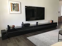 Long And Low Media Console Black Modern Black Glass On Top Smoked Glass Drawer Fronts 75 Led Tv Low Media Console Home Furniture Media Console
