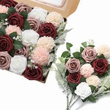 Diy wedding flowers bouquets & decor artificial. Amazon Com Derblue Artificial Flowers Combo Realistic Fake Rose With Stem For Diy Wedding Bouquets Centerpieces Bridal Shower Party Home Decorations Burgundy Theme Home Kitchen