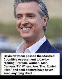 Gavin Newsom passed the Montreal Cognitive Assessment today by reciting  "Person. Woman. Man. Camera. . Where. Are. The. Epstein. Files." and said  doctors have never seen anything like it.