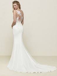 Fit And Flare Crepe Mermaid Lace Illusion Wedding Dress With Belt Pronovias 2018 Collection Drenoa Lace Wedding Dress Trouwjurk Zeemeermin Bruiloft Kledij