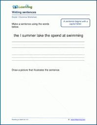 Groups of worksheets on nouns, verbs, pronouns, adjectives, other parts of speech, writing sentences, capitalization and punctuation. Writing Sentences Worksheets K5 Learning
