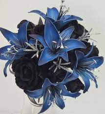 Faux wedding bouquets in navy blue flowers and eucalyptus greenery. Wedding Bouquet Flowers Foam Blue Lily Silk Black Rose Silver Spray Posy Flower Bouquet Wedding Wedding Bouquets Black Bouquet