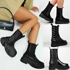 Ladies womens goth zip ankle studded gusset chelsea punk chunky boots shoes sz. Womens Fashion Padded Chelsea Boots Chunky Lug Platform Sole Winter Ankle Shoes Ebay