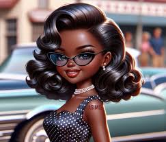 1950's lnspired** Prompt: side view hyper realistic illustration of a happy  melanated chibi woman with sleek wavy hair dressed in 1950s-inspired  clothing, with a polka dot dress, cat-eye glasses, and retro