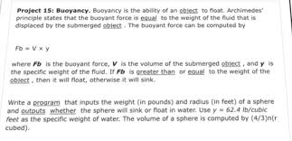 13 nov 2014 lab session : Solved Project 15 Buoyancy Buoyancy Is The Ability Of An Object To 1 Answer Transtutors