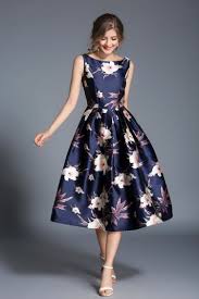 Party A Line Boat Neck Sleeveless Floral Printed Navy Sand A Line Midi Dress Vintage Midi Dresses Designer Dresses Floral Dress Design