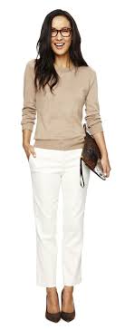 Woman Wearing White Pantsand Casual Sweater For Her Work Attire Skirt The Ceiling Skirt The Ceiling Com Fall Top For Women Business Casual Attire Business Casual Outfits Work Attire