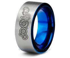 Dr Who Gallifreyan Tungsten Wedding Band Ring Mens Womens Polished Domed Blue Fanatic Gee Tungsten Wedding Bands Blue Tungsten Wedding Bands Blue Tungsten Ring