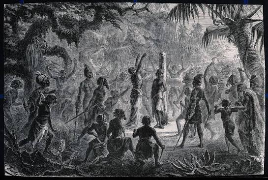 Depiction of a human sacrifice ritual among the Khonds of Odisha, India, illustrated in a wood engraving by C. Krull after J. Fuchs (c.1860s). The scene represents the Meriah ritual, where a