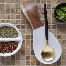 Marble And Teak Spoon Rest - Gray | Vivaterra