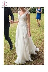 V Neck A Line Cap Sleeves Lace Ivory Chiffon Beach Wedding Dress Kpw0019 Ivory Lace Wedding Dress Wedding Dresses Chiffon Wedding Dress Beach