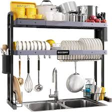 Good grips folding stainless steel dish rack. Amazon Com Over The Sink Dish Drying Rack Boosiny 2 Tier Stainless Steel Large Adjustable Kitchen Dish Drainer 27 5 33 5 Space Saver Storage Organizer Shelf Above Counter With Utensil Holder And 6 Hooks
