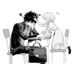 kamijou touma, tsukuyomi komoe, toaru majutsu no index, highres, 1boy,  1girl, black hair, blush, book, chair, desk, embarrassed, headpat,  monochrome, short hair, simple background, smile, teacher and student -  Image View - |