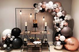 Backdrop Black And Gold Diy Party Decorations Black Grey And Rose Gold Balloon Garland Black Grid Backdrop Stylish Soirees P Can Balloon Decorations Party Rose Gold Balloons Dessert Table Birthday