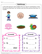 Vowel digraphs such as ai, ay, ie, oi, oy, au, aw, ew, ue, ea, ee, oa, oe, ow, ou, and oo involve the combination of two vowels to make a sound. Diphthong Worksheets