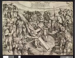 Crucifixión de san pedro (es); The Martyrdom Of St Peter Who Is In The Centre Crucified On A Cross After Michelangelo Engraving The British Museum Images