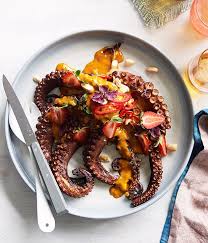 Coal Grilled Octopus With Smoked Butter And Almonds Chilli And Green Strawberries Recipe Gerard S Bistro Recipe Octopus Recipes Recipes Grilled Octopus