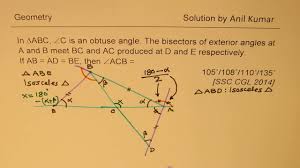 Obtuse angles are those that measure greater than a right angle (90 degrees) and less than a straight angle (180 degrees). Find Obtuse Angle Given External Angle Bisectors And Congruent Sides Geometry Ssc Cgl 2014 Youtube
