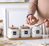 Ceramic Salt and Pepper Containers: Marble-Look Spice Jar Set with Lids,  Ceramic Seasoning Pots with Rack, Ideal Spice Containers Glass for Kitchen  ...