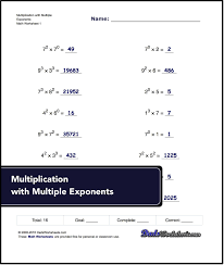 Exponents Worksheets For Multiplication With Multiple Exponents Exponent Worksheets Math Worksheets Exponents