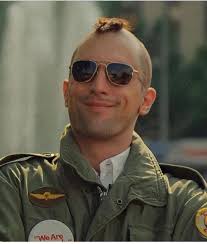 Robert De Niro's mohawk from Taxi Driver (1976) was not real because he had  to film scenes for another movie shortly after Taxi Driver. Instead, a bald  cap was created and glued