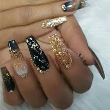 Coffin Black And Clear Nails Acrylicnailsalmond In 2020 Acrylic Nails Coffin Glitter Gold Nails Prom Nails