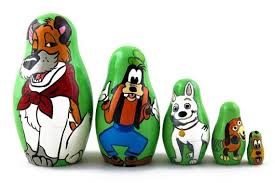 Can you name the cartoons that inspired these matryoshka dolls? Dogs From Disney Matryoshka Cartoon Russian Nesting Dolls Stacking 7 Pcs