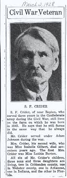 Louie Crider from West Virginia and Ohio represents the son of Carney  Crider who descends from JOHN KRIDERs father from North Carolina.