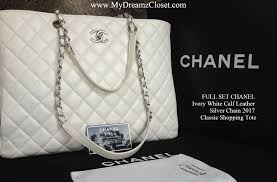 Full Set Chanel Ivory White Calf Leather Silver Chain 2017 Classic Shopping Tote My Dreamz Closet
