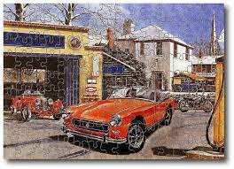 Gibsons snoozing on the ted 1000 piece jigsaw puzzle. Jigsaw Puzzle Mg Classic Car Retro Village Garage 150 Pieces New By Beetle Ink Beetleink Retro Garage Automotive Artwork Village