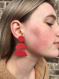 Polymer Clay Earrings, Red, Modern Design, Dangles, Minimalist, Handmade  Light Weight Earrings.