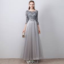 Chic Beautiful Grey Evening Dresses 2017 A Line Princess Lace Appliques Bow Backless Scoop Neck 3 4 Sleeve Ankle Length Formal Dresses Grey Evening Dresses Prom Dresses Modest Cute Prom Dresses