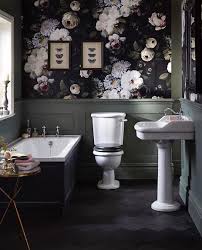 Black And White Floral Wallpaper Bathroom This Dramatic Large Scale Floral Wallpaper Featuring Roses And Peonies On A Black Shadowy Backgr Traditional Bathroom Floral Bathroom Bathroom Interior Design