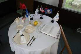 12 silk rose with 6 glass vase & red ribbon. Pow Mia Air Force Rotc