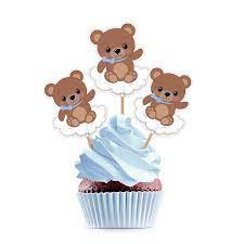 Amazon Com Teddy Bear Cupcake Cake Toppers Blue Teddy Bear Themed Baby Shower Decorations Supplies For Boy 25 Pcs Grocery Gourmet Food