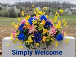 They provide a way to honor and remember loved ones lost but not forgotten. Blue Yellow Headstone Saddle Grave Saddle Cemetery Flowers Etsy Grave Flowers Cemetery Flowers Memorial Flowers