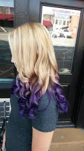 Blonde Highlights And Purple Hair Color With Curls Ombre Purple Ombre Hair Hair Color Purple Blonde Hair With Purple Tips