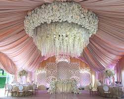 Amazing Draped Ceiling And Floral Chandelier Wedding Decor Elegant Indian Wedding Decorations Wedding Hall Decorations