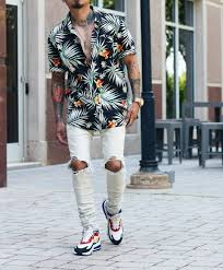 Light Denim And Floral Shirt For That Summer Drip How I Styled The New Nike Airmax270react B Mens Casual Outfits Polo Shirt Outfits Shirt Outfit Men