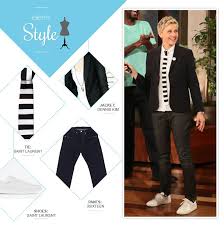 Black And White Button Up Shirt Ellen S Look Of The Day Black Blazer White Button Up Shirt Black And White Striped Square Tie Jeans White Sneakers Style Lesbian Outfits Ellen Degeneres