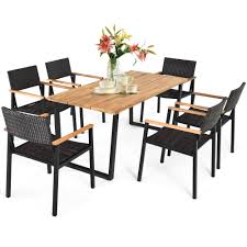 Rattan dining chairs create a universal combination, which would fit into both traditional and modern interiors. Costway 7pcs Patio Rattan Dining Chair Table Set Solid Wood Frame Umbrella Hole Walmart Com Walmart Com