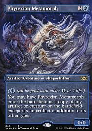 It uses a novel alphabet, with primary glyphs attached to a central line that runs continuously to the end of a sentence, save for line breaks. Carta Phyrexian Metamorph Magic The Gathering
