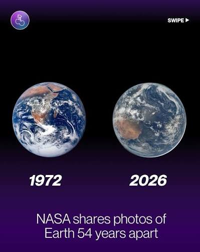 NASA shares 1972 vs 2026 photos of Earth. In a social media publication on  April 3rd, NASA compared the Earth nearly 54 years apart. The first photo  was taken during Apollo 17s